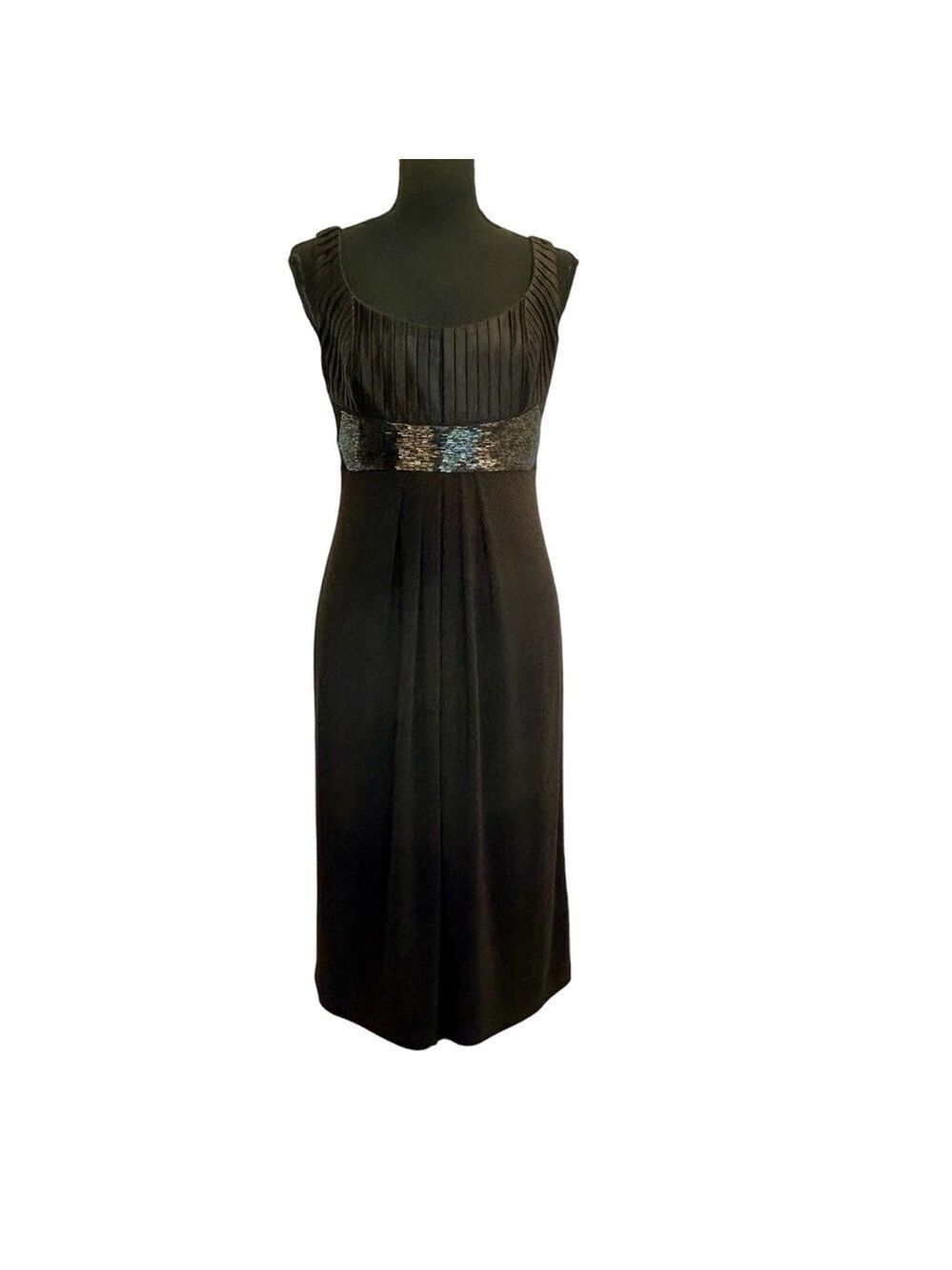 Joseph Ribkoff dark chocolate brown pleated ruched beaded sleeveless midi dress